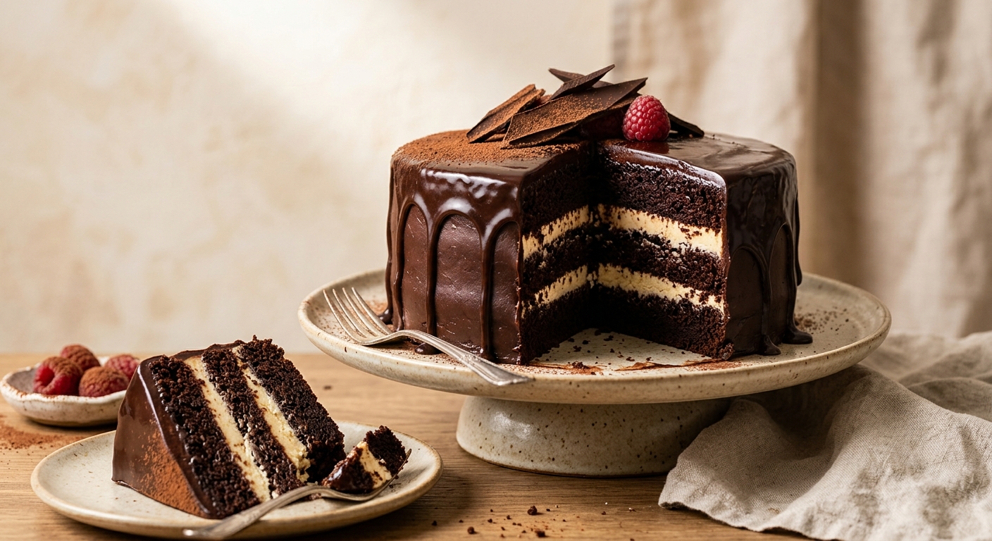 Belgian Dark Chocolate Ganache Cake, sliced to show the ganache layers